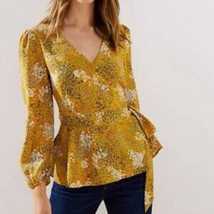LOFT Harvest Yellow Floral Belted Wrap Blouse V Neck Long Sleeve Womens Size Med